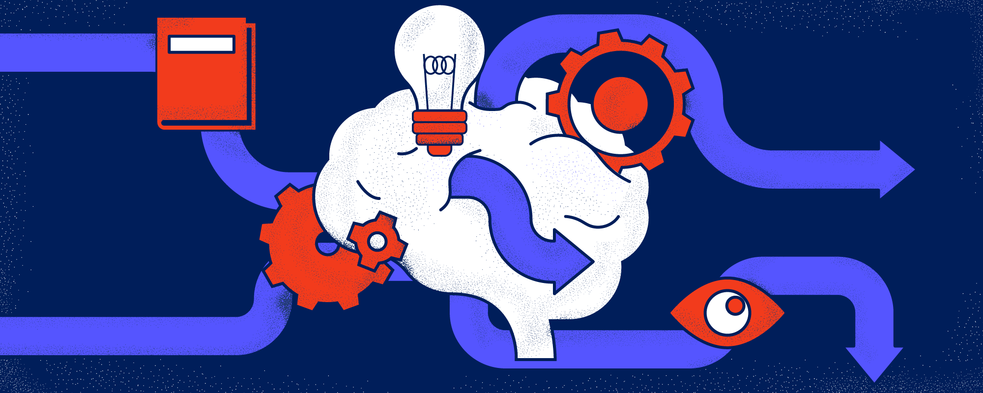 Arrows moving through brain with lightbulb, cogs, book and eye