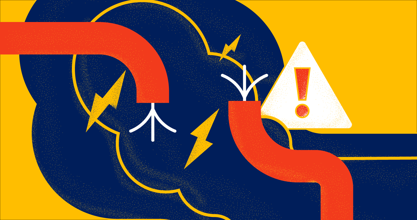 A cloud errupting between two broken wires, with an error sign in the background