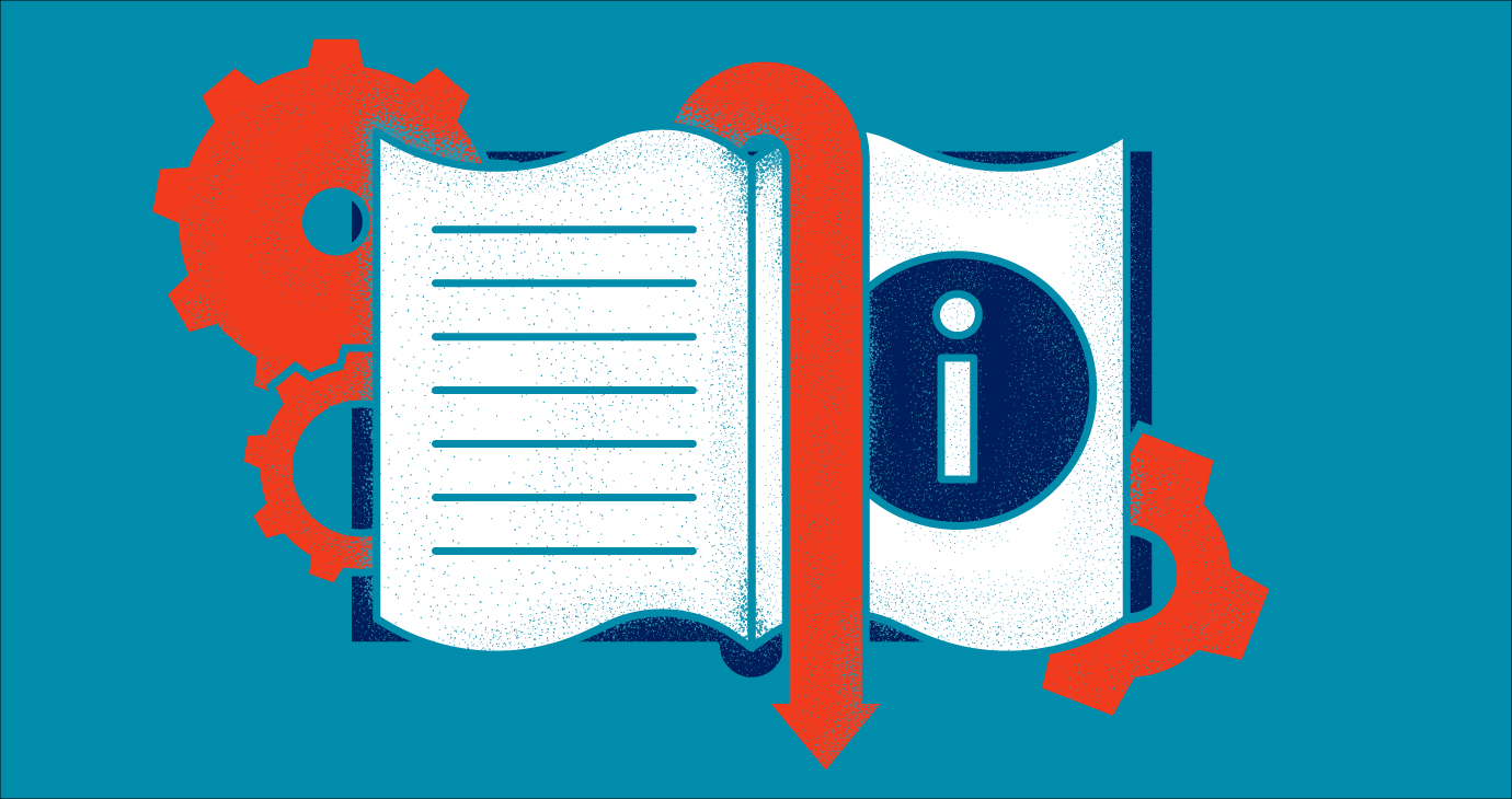 Open book with an arrow-shaped bookmark, gears and information sign